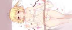 Rule 34 | 1girl, ahoge, artist name, babydoll, bare arms, bare shoulders, bed sheet, blonde hair, blush, breasts, collarbone, commentary request, cowboy shot, crystal, flandre scarlet, flower, groin, hair between eyes, hand up, haruki (colorful macaron), highres, indoors, long hair, looking at viewer, lying, navel, no headwear, on back, one side up, panties, petals, pink flower, pink rose, red eyes, rose, rose petals, shadow, side-tie panties, small breasts, smile, solo, stomach, strap slip, thighs, touhou, twitter username, underwear, underwear only, white panties, wings