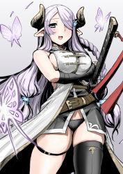 Rule 34 | 10s, 1girl, artist request, black gloves, black panties, black thighhighs, blue eyes, blush, breasts, bug, butterfly, clash kuro neko, demon horns, draph, female focus, gloves, granblue fantasy, hair over one eye, horns, insect, large breasts, light purple hair, long hair, narmaya (granblue fantasy), open mouth, panties, pointy ears, single thighhigh, smile, solo, sword, thighhighs, underwear, weapon