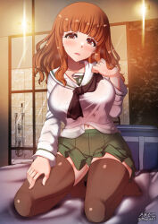 Rule 34 | 1girl, bed, blush, breasts, brown thighhighs, collarbone, covered erect nipples, girls und panzer, highres, indoors, large breasts, long hair, looking at viewer, megadeko, miniskirt, navel, no panties, on bed, ooarai school uniform, open mouth, orange eyes, orange hair, school uniform, skirt, solo, takebe saori, thighhighs
