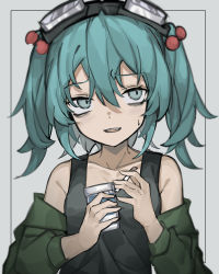 Rule 34 | 1girl, bags under eyes, bare shoulders, blue eyes, blue hair, breasts, cigarette, cigarette pack, collarbone, commentary request, commission, goggles, goggles on head, green jacket, grey background, grey tank top, hair between eyes, hair bobbles, hair ornament, hands up, highres, hisha (kan moko), holding, holding cigarette, holding cigarette pack, jacket, kawashiro nitori, looking to the side, nervous smile, off shoulder, parted lips, simple background, skeb commission, small breasts, smile, solo, sweat, tank top, touhou, two side up, upper body