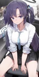 Rule 34 | 1girl, aqua necktie, black skirt, blue archive, blush, breasts, collarbone, feet out of frame, gnns, halo, highres, indoors, lanyard, long hair, looking at viewer, medium breasts, monitor, necktie, on chair, purple eyes, purple hair, shirt, sitting, skirt, solo, two side up, very long hair, white shirt, yuuka (blue archive)