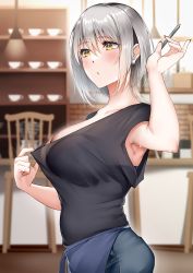 Rule 34 | 1girl, absurdres, apron, armpits, black shirt, blurry, blurry background, blush, breasts, cafe, ceiling light, chair, clothes pull, collarbone, commentary request, counter, denim, ear piercing, grey hair, hair between eyes, highres, holding, holding pen, indoors, jeans, large breasts, len (hand linke), original, pants, parted lips, pen, piercing, shirt, shirt pull, short hair, sleeveless, sleeveless shirt, standing, sweat, yellow eyes