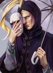 Rule 34 | 1boy, artist name, blackmore, blonde hair, blue eyes, catch the rainbow, grey background, highres, holding, hood, jojo no kimyou na bouken, long sleeves, looking at viewer, mask, solo, stand (jojo), steel ball run, umbrella, zookhini