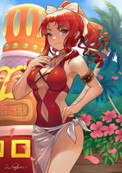 Rule 34 | 1girl, absurdres, akino (princess connect!), akino (summer) (princess connect!), armlet, bow, breasts, cleavage, clothing cutout, flower, highres, jewelry, large breasts, navel, navel cutout, one-piece swimsuit, palm tree, ponytail, princess connect!, purple eyes, red hair, red one-piece swimsuit, see-through, signature, smile, solo, statue, swimsuit, tree, white bow, wingure