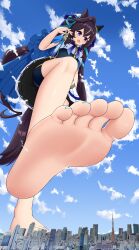 1girl absurdres animal_ears bare_legs barefoot blue_eyes blush breasts brown_hair c1_comb3r feet foot_focus foot_out_of_frame foot_up giant giantess hair_between_eyes hair_ornament hat highres horse_ears horse_girl horse_tail legs long_hair looking_at_viewer mole mole_under_eye multicolored_hair multiple_girls open_mouth purple_eyes sitting smile soles solo streaked_hair tail toenails toes twintails umamusume vivlos_(umamusume)