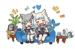 Rule 34 | 2girls, :d, ^ ^, animal ear fluff, animal ears, black footwear, bloop (gawr gura), blue dress, blue hair, brown footwear, cat ears, cat girl, cat tail, closed eyes, commentary, couch, cup, dress, eighth note, english commentary, fins, fish tail, flying sweatdrops, gawr gura, gawr gura (1st costume), gawr gura (casual), grey hair, heart, holding, hololive, hololive english, itsuki tasuku, long sleeves, mori calliope, mori calliope (1st costume), mug, multicolored hair, multiple girls, musical note, nachoneko, ninomae ina&#039;nis, ninomae ina&#039;nis (1st costume), nintendo switch, notice lines, on couch, open mouth, original, photo (object), picture frame, sandals, shark tail, sharp teeth, shirt, shrimp, simple background, sitting, sleeveless, sleeveless dress, sleeves past wrists, slippers, smile, socks, streaked hair, table, tail, takanashi kiara, takanashi kiara (1st costume), teeth, v-shaped eyebrows, virtual youtuber, watson amelia, watson amelia (1st costume), white background, white shirt, white socks, wide sleeves