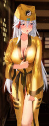 Rule 34 | 1girl, absurdres, bagua, blush, breasts, chinese clothes, cleavage, embarrassed, hair between eyes, hair ornament, highres, large breasts, li zhiheng, long hair, lu xiaoyu, my harem grew so large i was forced to ascend, open clothes, open mouth, open robe, red eyes, robe, solo, tagme, trigram, very long hair, white hair, worried, yellow theme, yin yang