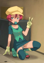 Rule 34 | 1girl, alley, arm support, blush, body writing, boots, breasts, buttons, choker, cleavage, collarbone, commentary request, condom, condom in mouth, condom wrapper, creatures (company), female focus, full body, game freak, georgia (pokemon), gloves, green choker, green eyes, green footwear, green thighhighs, green vest, hand up, hat, looking at viewer, mouth hold, nintendo, panties, poke ball, poke ball (basic), pokemon, pokemon (anime), pokemon bw (anime), price, prostitution, ryuntack, short hair, short sleeves, smile, solo, striped clothes, striped panties, thighhighs, underwear, v, vest, yellow gloves, yellow hat