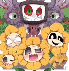 Rule 34 | ..., :d, bad id, bad pixiv id, black sclera, blush, colored sclera, crazy eyes, evil smile, extra eyes, fangs, flower, flowey (undertale), g perarikku, highres, one eye closed, open mouth, photoshop flowey, smile, spoilers, sweat, teeth, tongue, tongue out, undertale