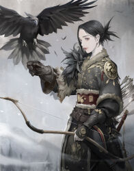 Rule 34 | 1girl, absurdres, animal, arrow (projectile), bird, black hair, bow (weapon), closed mouth, clothing request, commentary, falcon, falconry, falconry glove, feathers, fur trim, grey eyes, grey sky, hand up, highres, holding, holding bow (weapon), holding weapon, lips, long sleeves, looking at viewer, original, outdoors, quiver, rare1 (gugugu seung), sheath, sheathed, short hair, sky, solo, sword, symbol-only commentary, weapon