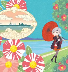 Rule 34 | 1girl, black footwear, black pantyhose, blush stickers, boots, chitose (kancolle), choko (cup), colis, cup, day, flat color, flower, grey eyes, grey hair, headband, historical name connection, holding, holding cup, holding umbrella, japanese clothes, kantai collection, knee boots, long hair, military, military vehicle, name connection, object namesake, oil-paper umbrella, outdoors, pantyhose, raincoat, ship, smile, solo, tokkuri, twitter username, umbrella, warship, water, watercraft