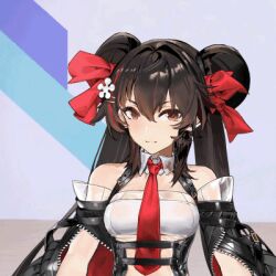 Rule 34 | 1girl, animated, animated gif, artist request, blush, breasts, brown eyes, brown hair, detached collar, detached sleeves, fellatio gesture, girls&#039; frontline, girls&#039; frontline neural cloud, grin, hair between eyes, handjob gesture, live2d, long hair, lowres, medium breasts, necktie, official art, open mouth, smile, smug, solo, twintails, type 97 (girls&#039; frontline), very long hair