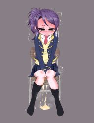 Rule 34 | 1girl, between legs, black socks, blue jacket, blue skirt, blush, chair, closed mouth, embarrassed, female focus, flat chest, full body, grey background, half-closed eyes, hand between legs, have to pee, jacket, kneehighs, kyuujuu, long sleeves, miniskirt, motion lines, necktie, nose blush, own hands together, peeing, peeing self, plaid, plaid skirt, pleated skirt, ponytail, pretty series, pripara, purple hair, red necktie, school uniform, shirt, short hair, simple background, sitting, skirt, socks, solo, steam, sweater, tears, textless version, toudou shion, trembling, v arms, wavy mouth, white shirt, yellow eyes, yellow sweater