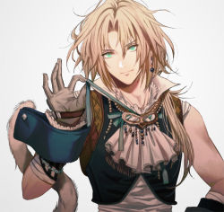 Rule 34 | 1boy, ascot, bad id, bad pixiv id, blonde hair, earrings, final fantasy, final fantasy ix, gloves, green eyes, hand on own hip, jewelry, looking at viewer, simple background, sleeveless, solo, tail, tsukimura noe, upper body, wrist cuffs, zidane tribal