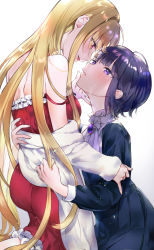 Rule 34 | 2girls, absurdres, ascot, ass, back, black hair, blonde hair, blue dress, brooch, chromatic aberration, commentary request, dress, frilled dress, frills, hand on another&#039;s cheek, hand on another&#039;s face, hands on another&#039;s back, highres, idolmaster, idolmaster cinderella girls, jewelry, kneeling, kurosaki chitose, long hair, looking at another, multiple girls, nekoyashiki pushio, off-shoulder jacket, off shoulder, parted lips, purple eyes, red dress, red eyes, shirayuki chiyo, simple background, smile, tears, white background, yuri