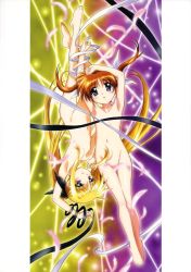Rule 34 | 00s, 2girls, absurdres, arms up, barefoot, blonde hair, blue eyes, brown hair, censored, convenient censoring, fate testarossa, feathers, feet, flat chest, groin, highres, legs, long hair, lyrical nanoha, mahou shoujo lyrical nanoha, multiple girls, naked ribbon, navel, no nipples, non-web source, nude, official art, okuda yasuhiro, purple eyes, red eyes, ribbon, scan, short twintails, takamachi nanoha, thigh gap, twintails, upside-down, very long hair