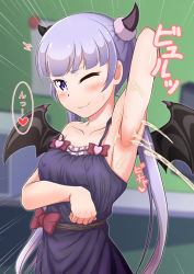 Rule 34 | 1girl, arm behind head, armpits, blue dress, blunt bangs, blush, breasts, can (canzume), covered erect nipples, cum, demon horns, demon wings, dress, ejaculation, emphasis lines, highres, horns, long hair, looking at viewer, new game!, purple eyes, purple hair, small breasts, smile, solo, strap slip, suzukaze aoba, translation request, twintails, very long hair, wince, wings