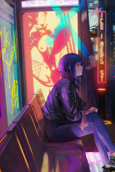 Rule 34 | 1girl, absurdres, billboard, black jacket, blue hair, blunt bangs, building, cool4noodle, cover, cover page, crossed legs, denim, electronic cigarette, feet out of frame, from side, graffiti, highres, holding, jacket, jeans, looking away, night, novel cover, novel illustration, official art, original, outdoors, pants, profile, sidelocks, sitting, smoke, smoking, solo