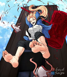 Rule 34 | 1girl, arched soles, arms behind head, arms up, artist name, bangs pinned back, black necktie, black pants, blonde hair, blood, bloody weapon, blue jacket, breasts, chainsaw man, cloud, cloudy sky, collared shirt, day, eyelashes, feet, female focus, floating hair, foot focus, unworn footwear, from below, full body, hammer, holding, holding weapon, horns, imminent hit, jacket, jumping, knees up, large breasts, legs, lewdsaiga, long hair, looking down, matching hair/eyes, midriff peek, naughty face, neck, necktie, no socks, oni horns, open clothes, open jacket, open mouth, outdoors, pants, pixiv id, power (chainsaw man), red horns, sharp teeth, shirt, shoes, sidelocks, sky, sneakers, soles, teeth, toenails, toes, twitter username, underboob, watermark, weapon, white shirt, wrinkled soles, yellow eyes