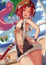 Rule 34 | 1girl, absurdres, beach, benienma (fate), benienma alter (fate), bikini, bird, bird hood, black bikini, black vest, blue sky, blush, breasts, brown headwear, fate/grand order, fate (series), food, fruit, highres, hood, hooded vest, hoodie, inugami86, katana, long hair, looking at viewer, low ponytail, navel, open mouth, parted bangs, red eyes, red hair, shore, sideless outfit, sky, small breasts, smile, swimsuit, sword, thighs, very long hair, vest, watermelon, weapon, white vest
