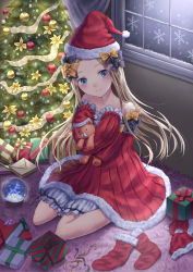 Rule 34 | 1girl, abigail williams (fate), absurdres, bare shoulders, black bow, blonde hair, bloomers, blue eyes, blush, bow, box, bug, butterfly, christmas, christmas ornaments, christmas stocking, christmas tree, closed mouth, collarbone, commentary request, curtains, dress, fate/grand order, fate (series), forehead, fur-trimmed dress, fur-trimmed headwear, fur trim, gift, gift box, hair bow, hat, highres, hugging object, indoors, insect, long hair, long sleeves, looking at viewer, on floor, orange bow, parted bangs, red dress, red hat, santa hat, sitting, sleeves past wrists, smile, snow globe, snowing, solo, strapless, strapless dress, stuffed animal, stuffed toy, teddy bear, tobychou, underwear, very long hair, wariza, white bloomers, window