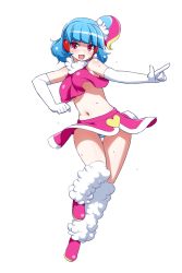 Rule 34 | 1girl, bare shoulders, blue hair, blush, breasts, elbow gloves, gloves, headset, highres, hime cut, leg warmers, mirai yumeno, navel, open mouth, pop&#039;n music, red eyes, scrunchie, side ponytail, simple background, skirt, smile, standing, sweat, thigh gap, umi no tarako, white background