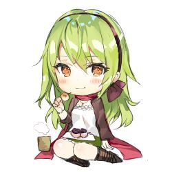 Rule 34 | 1girl, :3, blush, brown eyes, chibi, chibi only, commentary request, cup, dress, eating, food, green hair, hair between eyes, hairband, hand rest, jewelry, long hair, looking at viewer, momoko (momopoco), necklace, original, scarf, sitting, smile, solo, steam, very long hair, white dress, yukari (momoko)