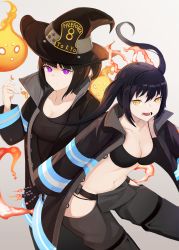 Rule 34 | 2girls, anizi, black bra, black coat, black hair, black panties, black pants, black shirt, bra, breasts, cleavage, coat, commentary request, en&#039;en no shouboutai, fire, grey background, hat, highres, large breasts, long hair, maki oze, multiple girls, open clothes, open coat, open mouth, panties, pants, purple eyes, shirt, short hair, simple background, tamaki kotatsu, twintails, underwear, witch hat, yellow eyes