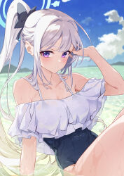 Rule 34 | 1girl, absurdres, bare shoulders, beach, blue archive, blue one-piece swimsuit, blue sky, blush, bow, breasts, collarbone, covered navel, frilled one-piece swimsuit, frills, hair bow, halo, high ponytail, highres, jjjsss, long hair, looking at viewer, miyako (blue archive), miyako (swimsuit) (blue archive), off-shoulder one-piece swimsuit, off shoulder, one-piece swimsuit, parted bangs, purple eyes, shore, sidelocks, sitting, sky, small breasts, solo, swimsuit, thighs, wet, white hair