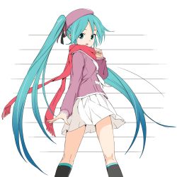 Rule 34 | 1girl, aqua eyes, aqua hair, beret, black socks, commentary, cowboy shot, from behind, hair ribbon, hand up, hat, hatsune miku, jacket, kneehighs, kneepits, lat model (mikumikudance), light blush, light smile, long hair, looking at viewer, looking back, miniskirt, neckerchief, open mouth, pleated skirt, purple hat, purple jacket, red scarf, ribbon, sailor collar, scarf, skirt, socks, solo, soukun s, twintails, very long hair, vocaloid, white skirt
