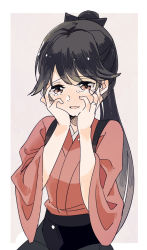 Rule 34 | 1girl, black hair, blush, brown eyes, crying, hair ribbon, hands on own cheeks, hands on own face, houshou (kancolle), japanese clothes, jewelry, kantai collection, long hair, nose blush, open mouth, ponytail, ribbon, ring, simple background, solo, takamachiya, tears, wedding band, wide sleeves