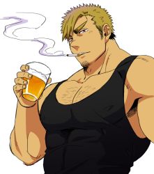 Rule 34 | 1boy, bara, black tank top, blonde hair, chest hair, cigarette, covered abs, cup, drinking glass, covered erect nipples, ezaki papiko, facial hair, highres, large pectorals, male focus, muscular, original, pectorals, purple hair, short hair, smoke, smoking, solo, stubble, tank top, upper body, white background