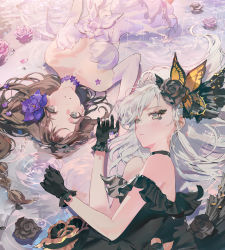Rule 34 | 2girls, absurdres, bare shoulders, black choker, black dress, black gloves, blush, breasts, breasts apart, brown hair, butterfly hair ornament, choker, closed mouth, commentary, detached sleeves, dress, english commentary, flower, flower choker, gloves, grey eyes, hair flower, hair ornament, highres, long hair, long sleeves, looking at viewer, looking away, lying, lying on water, makeup, medium breasts, mole, mole under eye, multiple girls, nail polish, off-shoulder dress, off shoulder, okku, on back, on side, original, parted lips, pink flower, pink rose, purple choker, purple flower, purple nails, rain, red flower, red rose, rose, small breasts, strapless, strapless dress, water, white dress, white hair