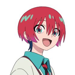 1girl amate_yuzuriha aqua_eyes gundam gundam_gquuuuuux hair_between_eyes necktie official_art open_mouth red_hair school_uniform shirt shirt_under_sweater short_hair solo sweater transparent_background