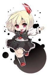 Rule 34 | 1girl, :d, black socks, black skirt, blonde hair, chain, chibi, dnk, fang, full body, hair ribbon, highres, kneehighs, koumajou densetsu, koumajou densetsu 1, long sleeves, mary janes, necktie, no nose, open mouth, outstretched arms, puffy long sleeves, puffy sleeves, red eyes, red footwear, red ribbon, ribbon, rumia, shoes, short hair, skirt, skirt set, smile, socks, solo, spread arms, standing, standing on one leg, touhou, vest