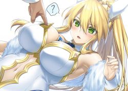 Rule 34 | 1girl, ?, animal ears, artoria pendragon (all), artoria pendragon (fate), artoria pendragon (swimsuit ruler) (fate), bare shoulders, blonde hair, blush, braid, breast poke, breasts, cleavage, clothing cutout, detached collar, fake animal ears, fate/grand order, fate (series), french braid, green eyes, hair between eyes, large breasts, leotard, looking at viewer, navel, navel cutout, necktie, parted lips, playboy bunny, poking, ponytail, rabbit ears, sidelocks, simple background, solo focus, spoken question mark, suzuki nene, tiara, white leotard