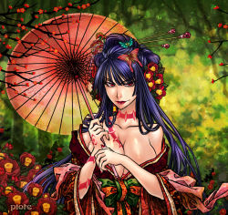 Rule 34 | 00s, 1girl, adiane, blue hair, breasts, camellia, cherry blossoms, cleavage, colorful, flower, hair ornament, hairclip, japanese clothes, kimono, large breasts, lipstick, long hair, makeup, oil-paper umbrella, piote, red eyes, ribbon, smile, solo, tattoo, tengen toppa gurren lagann, umbrella