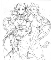 Rule 34 | 1990s (style), 2girls, ahoge, alternate costume, beret, between breasts, bracelet, braid, breasts, cammy white, capcom, china dress, chinese clothes, chun-li, cleavage, cleavage cutout, clothing cutout, contrapposto, dress, fingerless gloves, garrison cap, gloves, hand on own hip, hat, heart, heart cutout, holding hands, huge ahoge, interlocked fingers, jewelry, kenshjn park, leg ribbon, leotard, lineart, long hair, looking at viewer, md5 mismatch, monochrome, multiple girls, necktie, necktie between breasts, over-kneehighs, pelvic curtain, puffy short sleeves, puffy sleeves, resized, retro artstyle, ribbed leotard, ribbon, scar, short sleeves, spiked bracelet, spikes, street fighter, street fighter zero (series), thigh ribbon, thighhighs, twin braids, yin yang, yuri