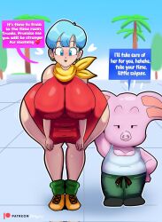 Rule 34 | 1boy, 1girl, animal ears, ass, ass grab, blue eyes, blue hair, blush, breasts, bulma, clothes, colored skin, dragonball z, earrings, english text, expressionless, francyart34, grabbing, grabbing another&#039;s ass, grabbing from behind, highres, huge ass, huge breasts, jewelry, looking at viewer, medium hair, oolong, open mouth, piercing, pig, pig ears, pink skin, size difference, speech bubble