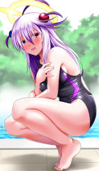 Rule 34 | 1girl, ahoge, barefoot, black one-piece swimsuit, blue eyes, bombergirl, bomberman, breasts, commentary request, competition swimsuit, embarrassed, hair ornament, halo, heterochromia, highres, long hair, looking at viewer, medium breasts, one-piece swimsuit, open mouth, papuru (bombergirl), purple hair, red eyes, solo, squatting, swimsuit, tsuchimiya