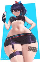 Rule 34 | 1girl, absurdres, adapted costume, aestheticc-meme, artist name, barcode, barcode tattoo, black gloves, black hair, black skirt, blue eyes, blush, breasts, gloves, gridman universe, highres, large breasts, leg tattoo, long hair, looking at viewer, microskirt, navel, official alternate hairstyle, skirt, sleeveless, smile, solo, ssss.gridman, sweat, takarada rikka, takarada rikka (solarain toys), tally, tattoo, thick thighs, thighs, wide hips