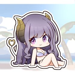 Rule 34 | 1girl, beach, bikini, blue sky, blush, breasts, brown horns, chibi, cleavage, closed mouth, cloud, commentary request, demon girl, demon horns, demon tail, full body, highres, horns, large breasts, long hair, looking at viewer, mariooo, medium bangs, nanashi inc., ocean, outdoors, outline, palm tree, purple eyes, purple hair, saionji mary, sidelocks, sitting, sky, smile, solo, swimsuit, tail, tree, very long hair, virtual youtuber, white bikini, white outline