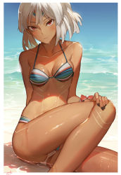 Rule 34 | 10s, 1girl, altera (fate), bare shoulders, beach, bianyuanqishi, bikini, black nails, blush, breasts, collarbone, dark skin, dark-skinned female, day, fate/extella, fate/extra, fate/grand order, fate (series), hand on own knee, long hair, looking at viewer, nail polish, navel, outdoors, red eyes, shore, short hair, sitting, small breasts, solo, swimsuit, tattoo, water, wet, white hair