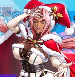 Rule 34 | 1girl, action taimanin, alternate costume, breasts, cape, christmas, cleavage, dark-skinned female, dark skin, elbow gloves, female focus, fur-trimmed cape, fur-trimmed gloves, fur trim, gloves, hat, ingrid (taimanin asagi), kagami hirotaka, large breasts, mole, mole under mouth, official art, parted lips, pink hair, purple lips, red cape, santa hat, shiny skin, solo, taimanin (series), taimanin asagi, upper body, white gloves, yellow eyes