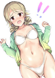 Rule 34 | !, !!, 1girl, @ @, bikini, blush, breasts, brown eyes, cleavage, drill hair, earrings, gluteal fold, green jacket, heart, heart earrings, highleg, highleg bikini, idolmaster, idolmaster cinderella girls, jacket, jewelry, light brown hair, long hair, long sleeves, looking at viewer, morikubo nono, navel, open clothes, open jacket, open mouth, ringlets, simple background, small breasts, solo, sousakubito, standing, swimsuit, white background, white bikini