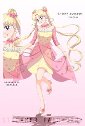 Rule 34 | 1girl, bishoujo senshi sailor moon, blonde hair, blue eyes, cherry blossoms, double bun, dress, english text, gradient background, hair bun, highres, koya, long hair, looking at viewer, multiple views, parted bangs, petals, pink sleeves, short dress, simple background, smile, solo, standing, tsukino usagi, twintails, very long hair, white background, yellow dress, yellow footwear