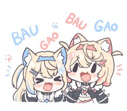 Rule 34 | &gt; &lt;, 2girls, :d, animal ear fluff, animal ears, bandaid, bandaid hair ornament, belt collar, blonde hair, blue hair, blush, chibi, closed eyes, collar, commentary, dog ears, dog girl, english text, facing viewer, fuwawa abyssgard, fuwawa abyssgard (1st costume), hair ornament, hairclip, highres, hololive, hololive english, long hair, long sleeves, medium hair, mococo abyssgard, mococo abyssgard (1st costume), multicolored hair, multiple girls, notice lines, open mouth, shirt, siblings, simple background, sisters, smile, snowmya, streaked hair, twins, two side up, virtual youtuber, white background, white shirt, x hair ornament
