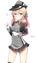 Rule 34 | 10s, 1girl, black thighhighs, blonde hair, blue eyes, character name, cross, gloves, harusawa, hat, heart, iron cross, kantai collection, long hair, peaked cap, prinz eugen (kancolle), simple background, smile, solo, thighhighs, twintails, uniform, white background