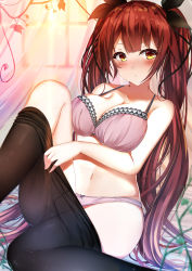 Rule 34 | 1girl, absurdres, azur lane, black pantyhose, black ribbon, blurry, blush, bra, breasts, cleavage, closed mouth, collarbone, commentary request, curtains, depth of field, hair between eyes, hair ribbon, highres, hiragi ringo, honolulu (azur lane), indoors, large breasts, long hair, looking at viewer, navel, panties, pantyhose, pink bra, pink panties, red eyes, red hair, ribbon, sitting, solo, stomach, twintails, underwear, underwear only, very long hair