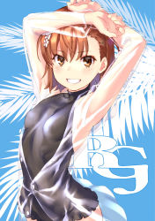 Rule 34 | 1girl, arms up, blush, breasts, brown eyes, brown hair, casual one-piece swimsuit, commentary request, covered navel, flower, frilled swimsuit, frills, grin, hair between eyes, hair flower, hair ornament, jacket, long sleeves, looking at viewer, misaka mikoto, one-piece swimsuit, raika9, see-through, small breasts, smile, solo, swimsuit, toaru kagaku no railgun, toaru majutsu no index, white flower